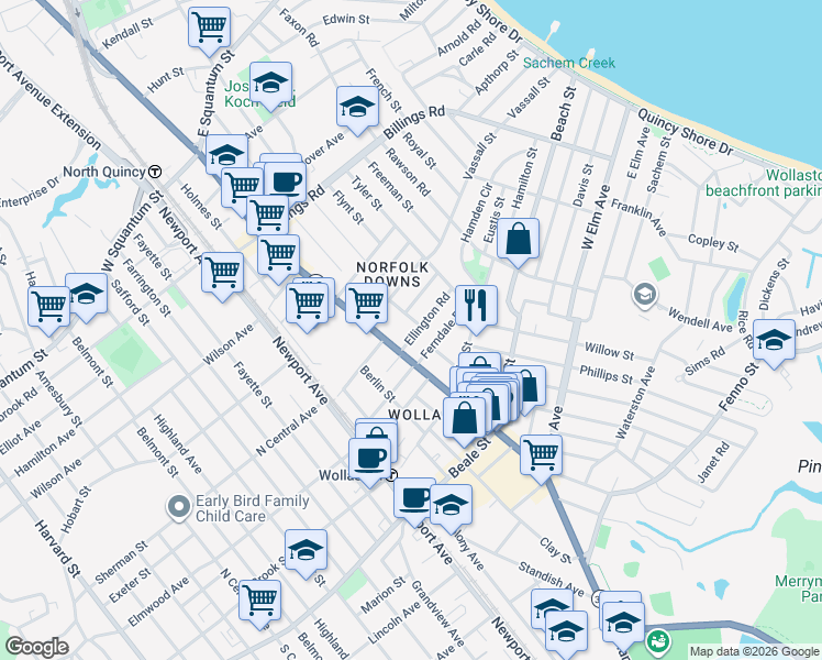 map of restaurants, bars, coffee shops, grocery stores, and more near 10 Ferndale Road in Quincy