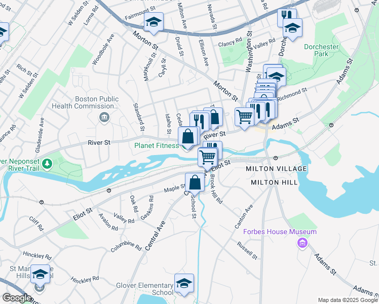 map of restaurants, bars, coffee shops, grocery stores, and more near 90 River Street in Milton