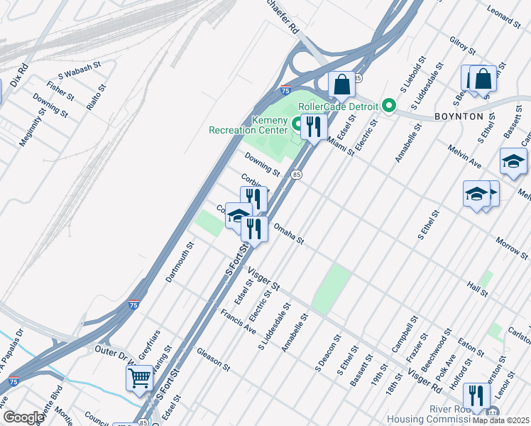 map of restaurants, bars, coffee shops, grocery stores, and more near S Fort St & Omaha St in Detroit