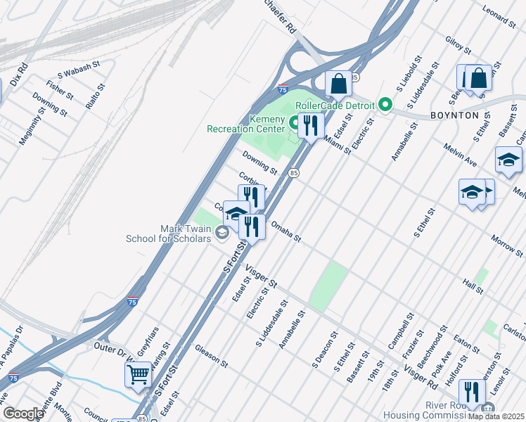 map of restaurants, bars, coffee shops, grocery stores, and more near S Fort St & Omaha St in Detroit