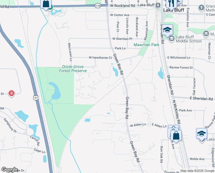 map of restaurants, bars, coffee shops, grocery stores, and more near 1600 Green Bay Road in Lake Bluff
