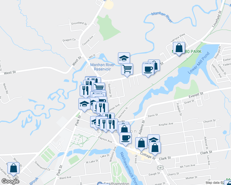 map of restaurants, bars, coffee shops, grocery stores, and more near 4 Pomeroy Court in Easthampton