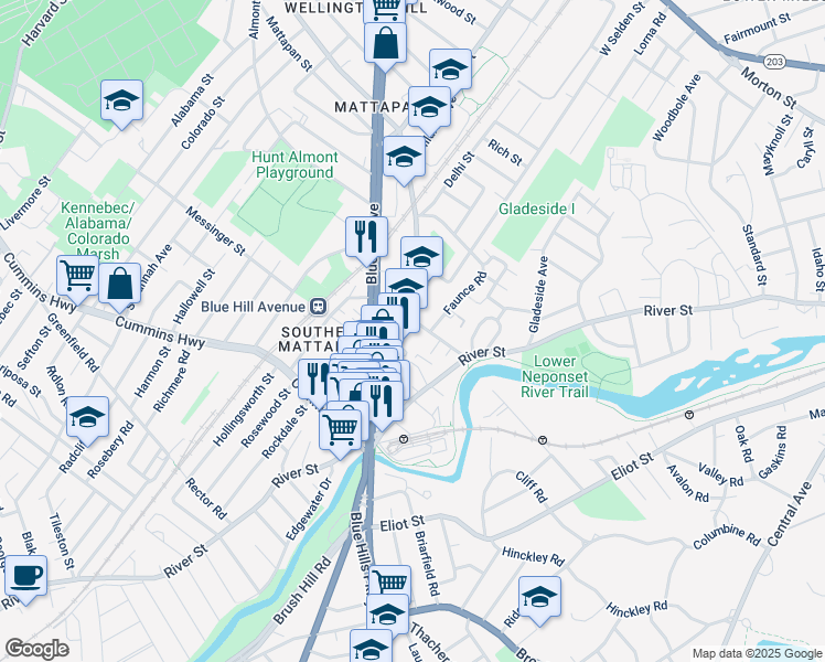 map of restaurants, bars, coffee shops, grocery stores, and more near 132 Babson Street in Boston