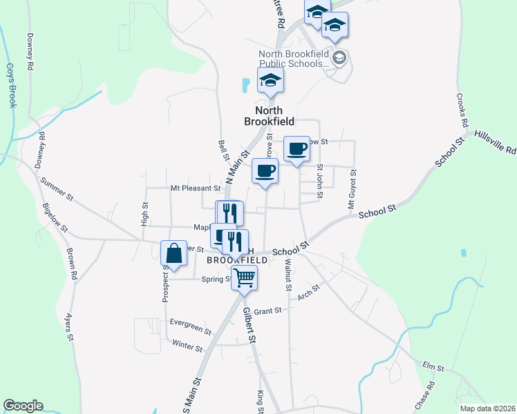 map of restaurants, bars, coffee shops, grocery stores, and more near 16 Nursery Avenue in North Brookfield
