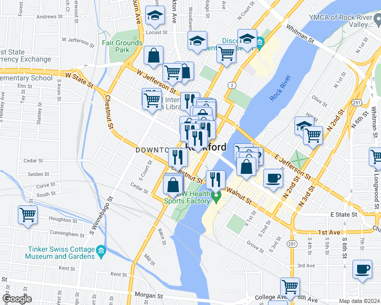 map of restaurants, bars, coffee shops, grocery stores, and more near 119 South Main Street in Rockford