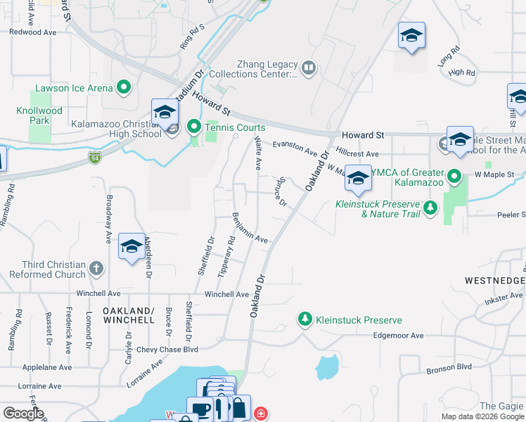 map of restaurants, bars, coffee shops, grocery stores, and more near 2105 Waite Avenue in Kalamazoo