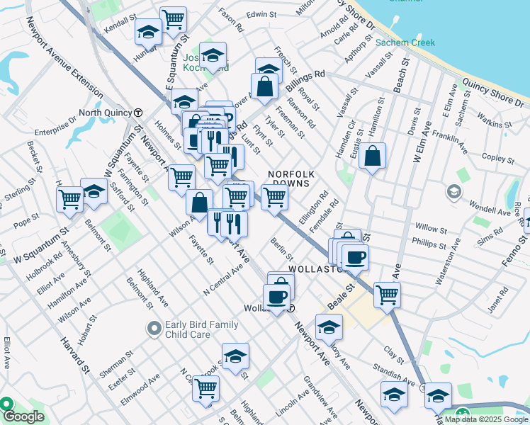 map of restaurants, bars, coffee shops, grocery stores, and more near 500 Hancock Street in Quincy