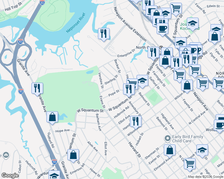 map of restaurants, bars, coffee shops, grocery stores, and more near 42 Sterling Street in Quincy