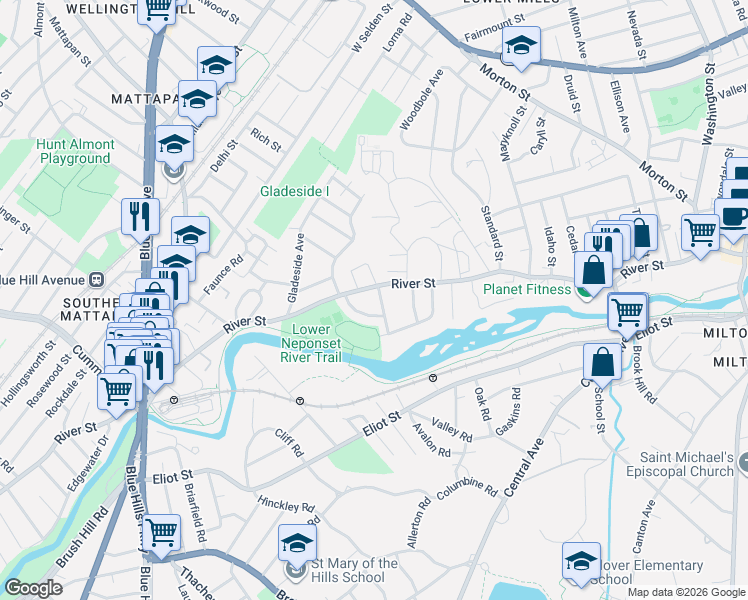 map of restaurants, bars, coffee shops, grocery stores, and more near 1 Newcroft Circle in Boston