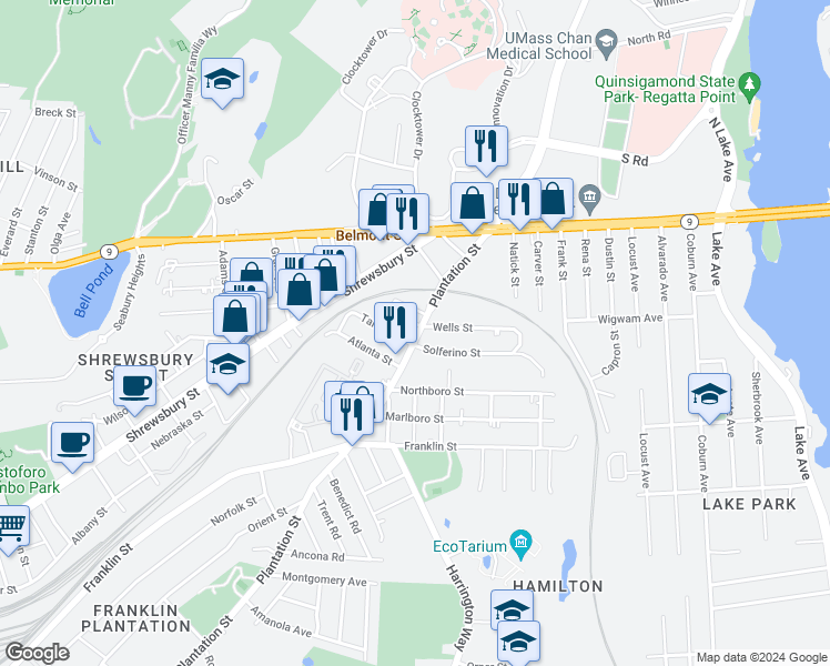 map of restaurants, bars, coffee shops, grocery stores, and more near 335 Plantation Street in Worcester