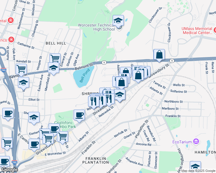 map of restaurants, bars, coffee shops, grocery stores, and more near 14 Creston Street in Worcester