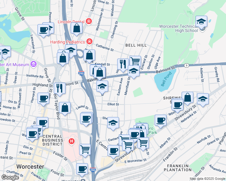map of restaurants, bars, coffee shops, grocery stores, and more near 118 Eastern Avenue in Worcester