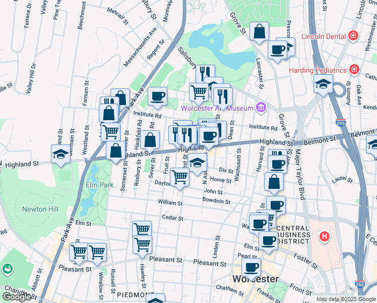 map of restaurants, bars, coffee shops, grocery stores, and more near 124 Massachusetts 9 in Worcester