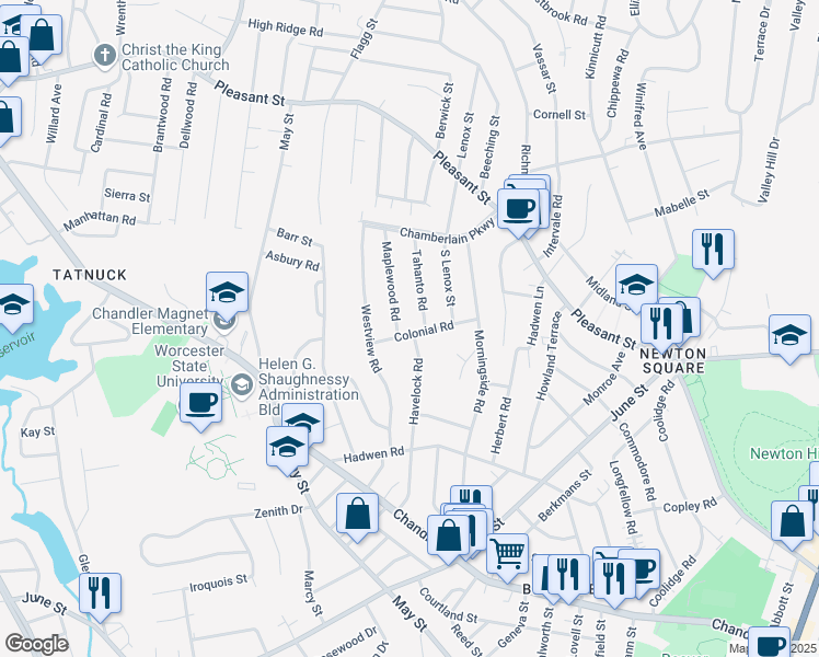map of restaurants, bars, coffee shops, grocery stores, and more near 23 Tahanto Road in Worcester