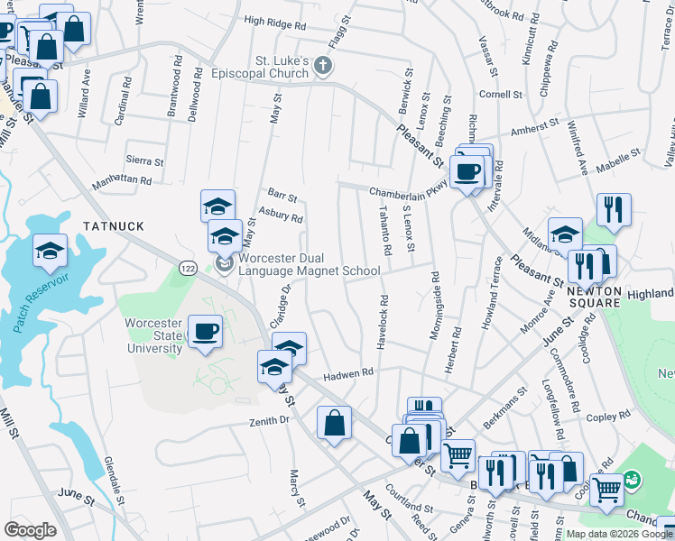 map of restaurants, bars, coffee shops, grocery stores, and more near 22 Westview Road in Worcester