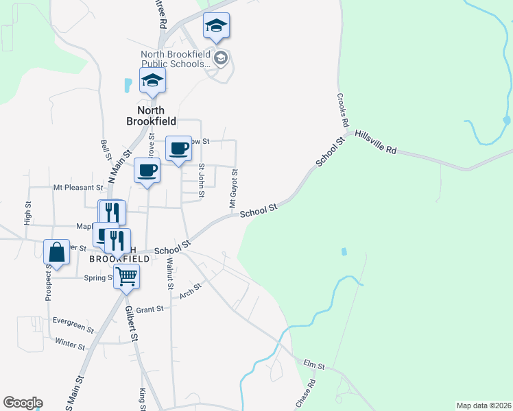 map of restaurants, bars, coffee shops, grocery stores, and more near 133 School Street in North Brookfield