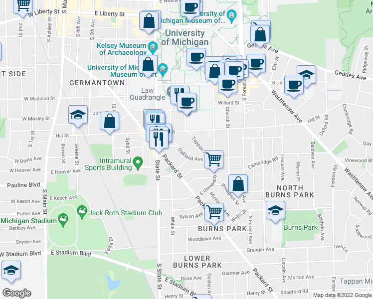 map of restaurants, bars, coffee shops, grocery stores, and more near in Ann Arbor
