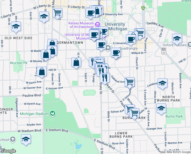 map of restaurants, bars, coffee shops, grocery stores, and more near in Ann Arbor