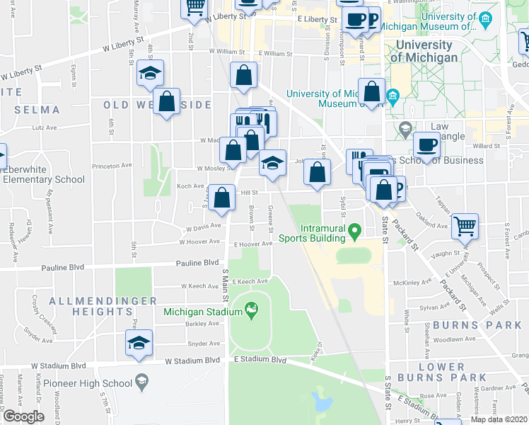map of restaurants, bars, coffee shops, grocery stores, and more near 140 Hill Street in Ann Arbor
