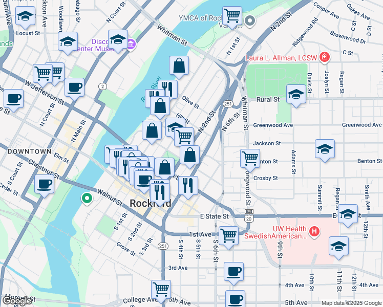 map of restaurants, bars, coffee shops, grocery stores, and more near 416 Prairie Street in Rockford