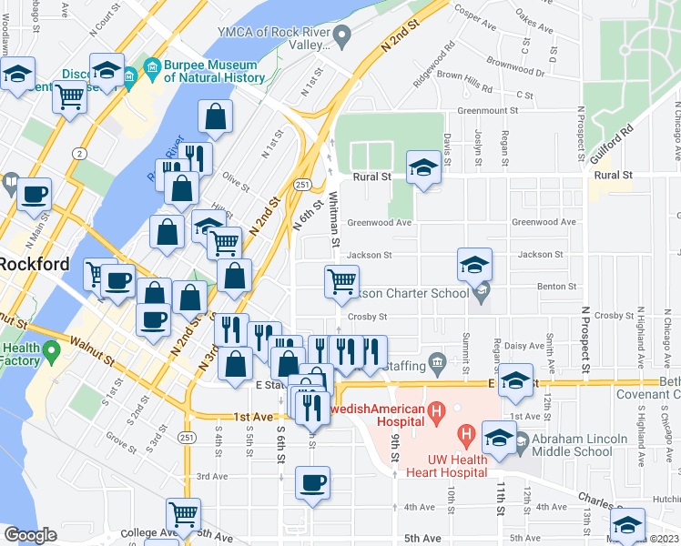 map of restaurants, bars, coffee shops, grocery stores, and more near 411 North Longwood Street in Rockford