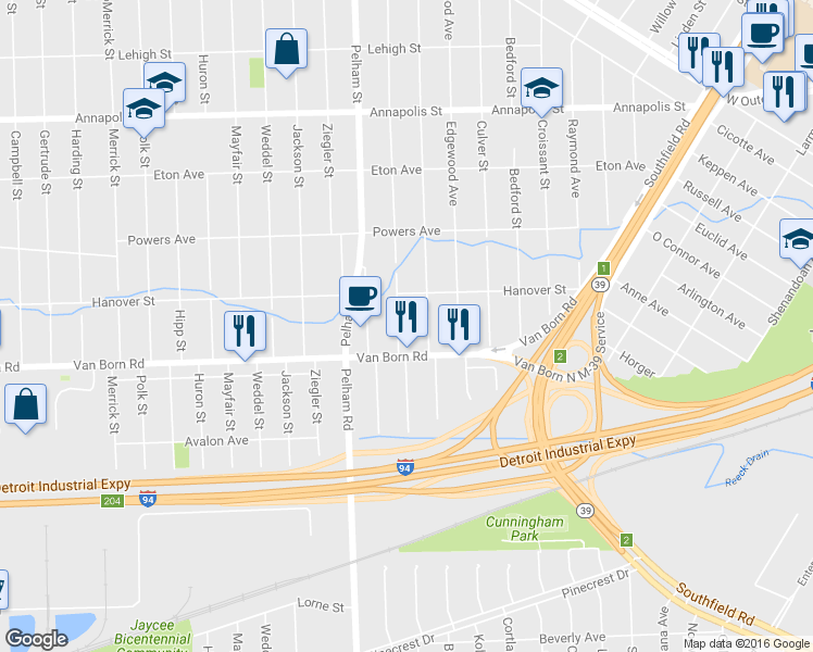 map of restaurants, bars, coffee shops, grocery stores, and more near 5620 Kingston Street in Dearborn Heights