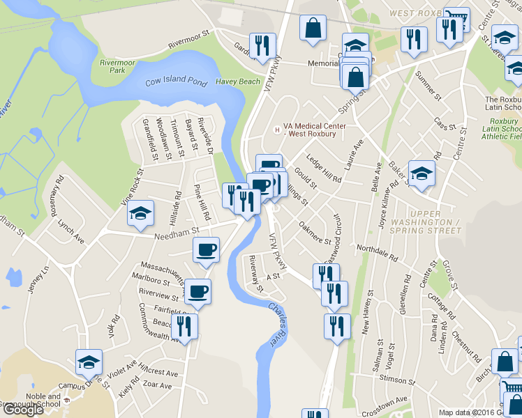 map of restaurants, bars, coffee shops, grocery stores, and more near 1435 Veterans of Foreign Wars Parkway in West Roxbury