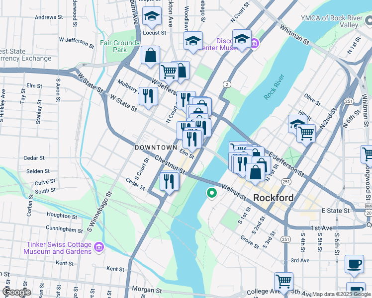 map of restaurants, bars, coffee shops, grocery stores, and more near 119 South Main Street in Rockford