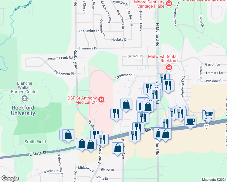 map of restaurants, bars, coffee shops, grocery stores, and more near 5600 Strathmoor Drive in Rockford