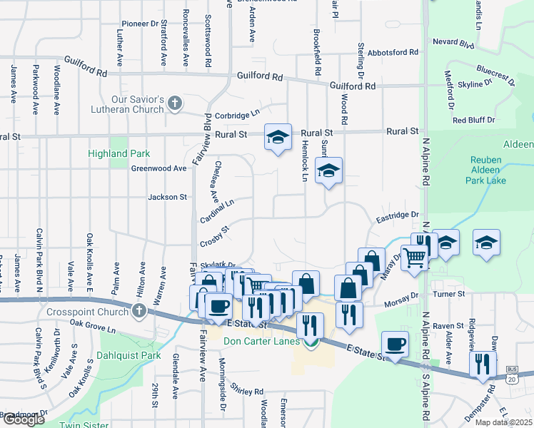 map of restaurants, bars, coffee shops, grocery stores, and more near 3724 Crosby Street in Rockford