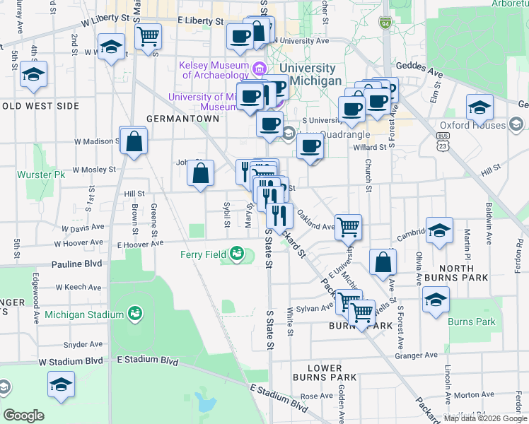 map of restaurants, bars, coffee shops, grocery stores, and more near 819 South State Street in Ann Arbor