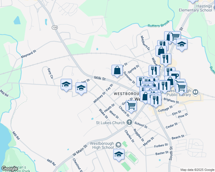 map of restaurants, bars, coffee shops, grocery stores, and more near 69A Milk Street in Westborough