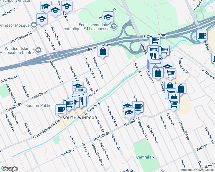 map of restaurants, bars, coffee shops, grocery stores, and more near 891 Grand Marais Road West in Windsor