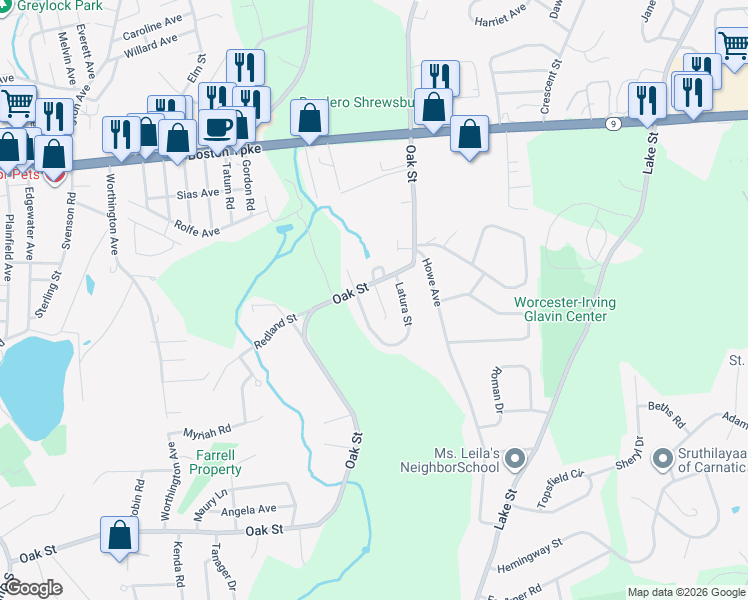 map of restaurants, bars, coffee shops, grocery stores, and more near 216 Oak Street in Shrewsbury