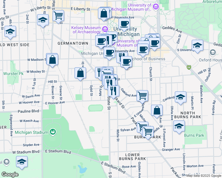 map of restaurants, bars, coffee shops, grocery stores, and more near 700 Arbor Street in Ann Arbor