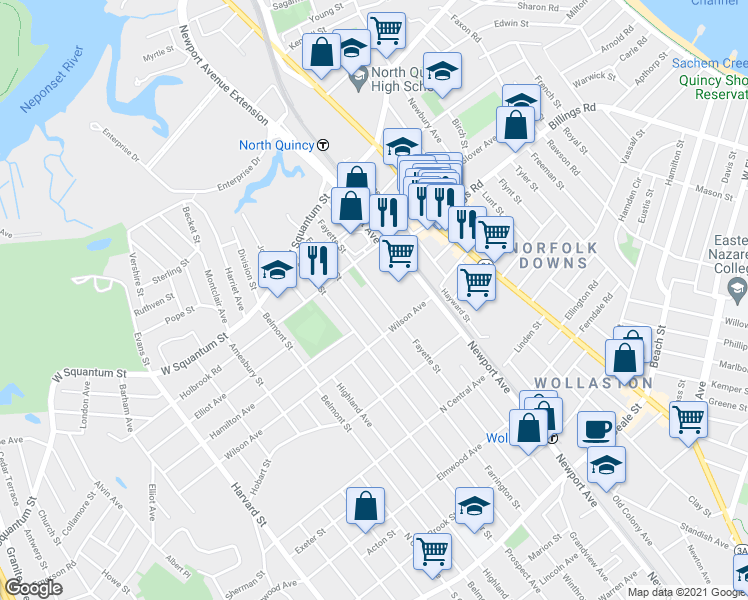 map of restaurants, bars, coffee shops, grocery stores, and more near 85 Fayette Street in Quincy