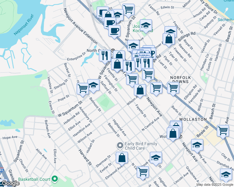 map of restaurants, bars, coffee shops, grocery stores, and more near 59 Farrington Street in Quincy