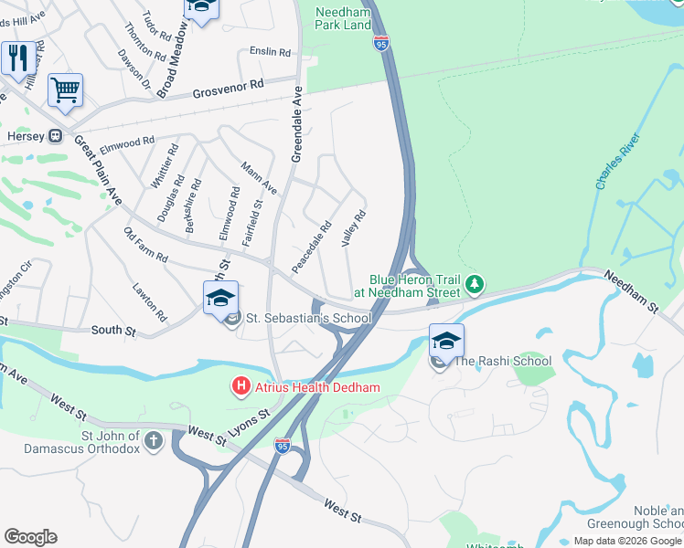 map of restaurants, bars, coffee shops, grocery stores, and more near 199 Valley Road in Needham