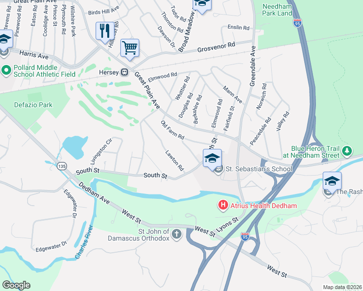 map of restaurants, bars, coffee shops, grocery stores, and more near 76 Old Farm Road in Needham
