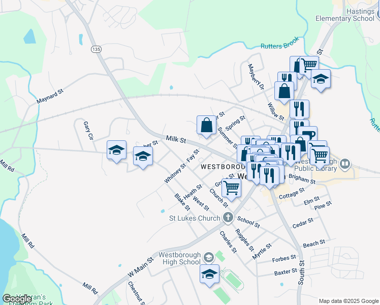 map of restaurants, bars, coffee shops, grocery stores, and more near 69A Milk Street in Westborough
