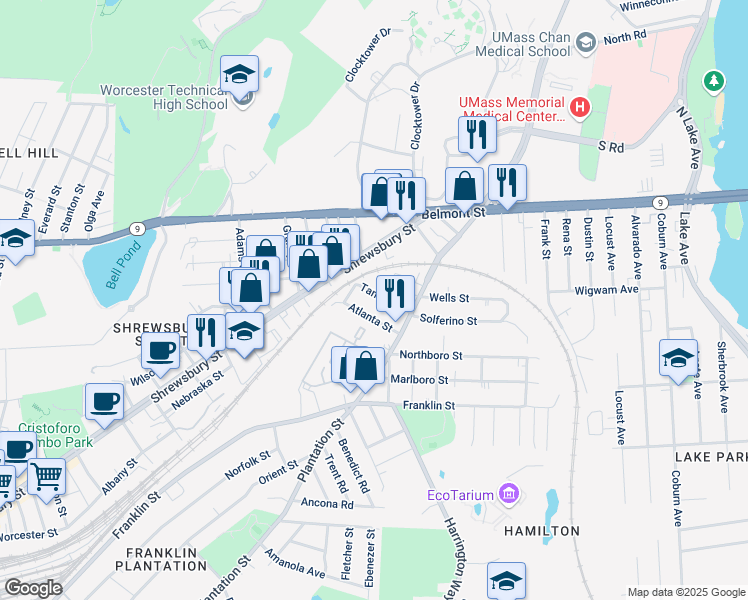 map of restaurants, bars, coffee shops, grocery stores, and more near 19 Plantation Terrace in Worcester