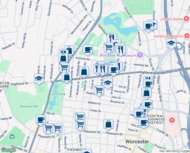 map of restaurants, bars, coffee shops, grocery stores, and more near 5 Schussler Road in Worcester