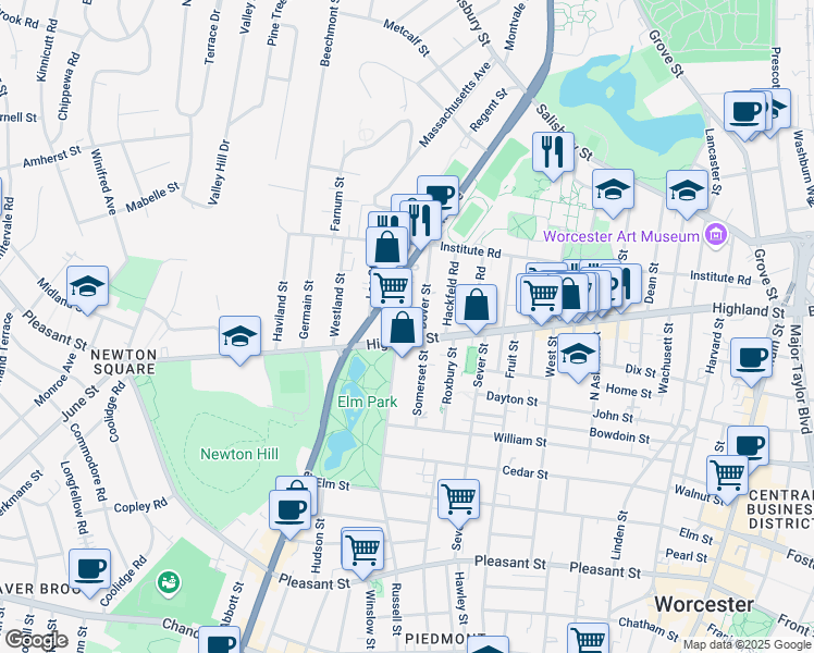 map of restaurants, bars, coffee shops, grocery stores, and more near 186 Russell Street in Worcester