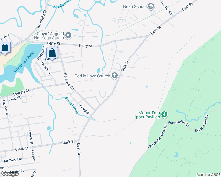 map of restaurants, bars, coffee shops, grocery stores, and more near 285 East St in Easthampton