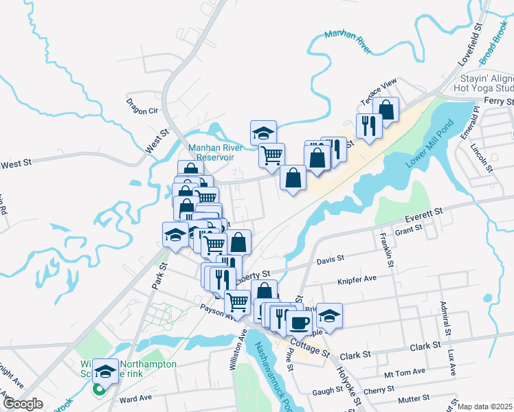 map of restaurants, bars, coffee shops, grocery stores, and more near 16-18 Pleasant Street in Easthampton