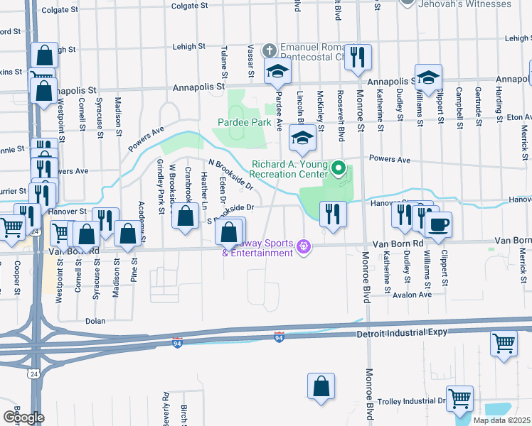 map of restaurants, bars, coffee shops, grocery stores, and more near 5449 Pardee Avenue in Dearborn Heights