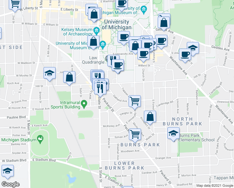 map of restaurants, bars, coffee shops, grocery stores, and more near in Ann Arbor