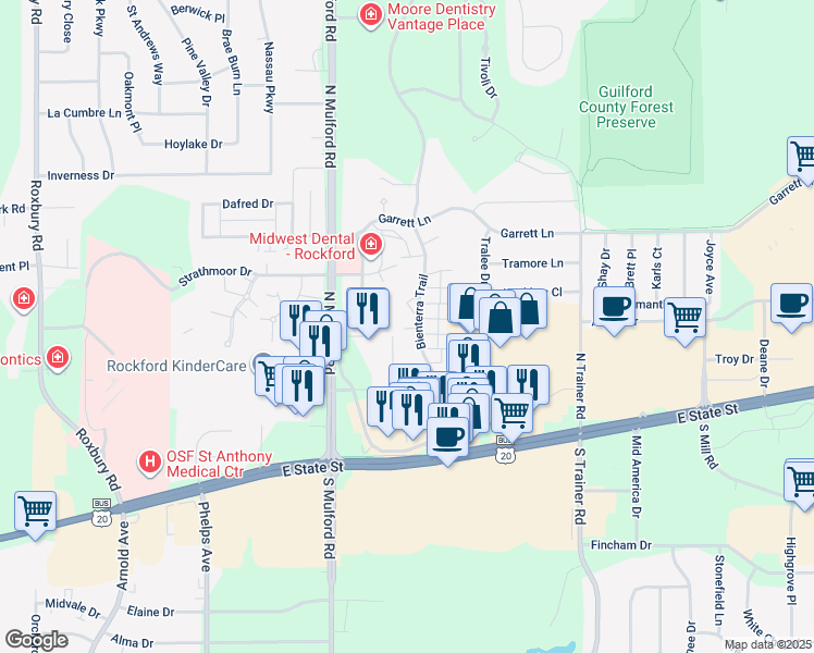 map of restaurants, bars, coffee shops, grocery stores, and more near 406 Bienterra Trail in Rockford