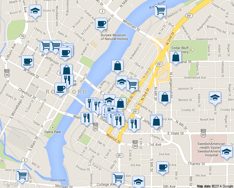 map of restaurants, bars, coffee shops, grocery stores, and more near 412 North 1st Street in Rockford