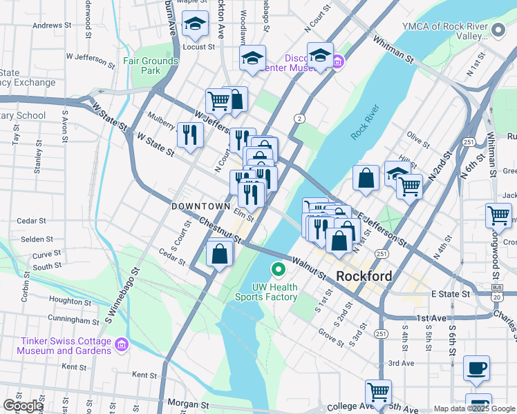 map of restaurants, bars, coffee shops, grocery stores, and more near 308 West State Street in Rockford